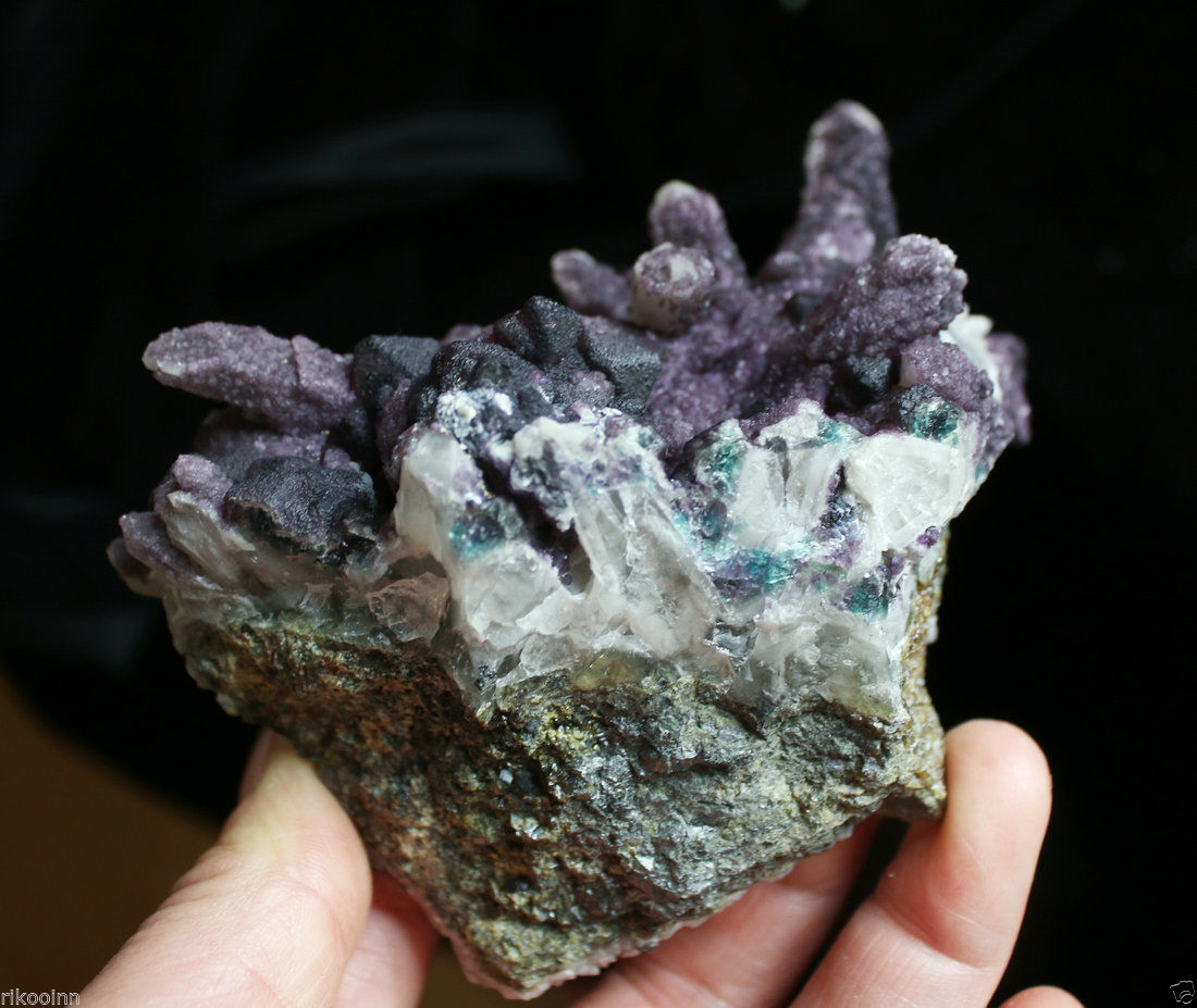 Natural Purple/Green Fluorite Quartz Crystal Cluster on Green Garnet Specimen