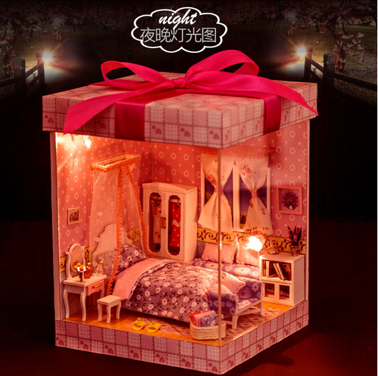 Handmade DIY Doll House Miniature Mini Princess Bedroom LED Furniture Kit Light