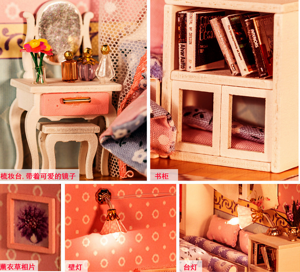 Handmade DIY Doll House Miniature Mini Princess Bedroom LED Furniture Kit Light