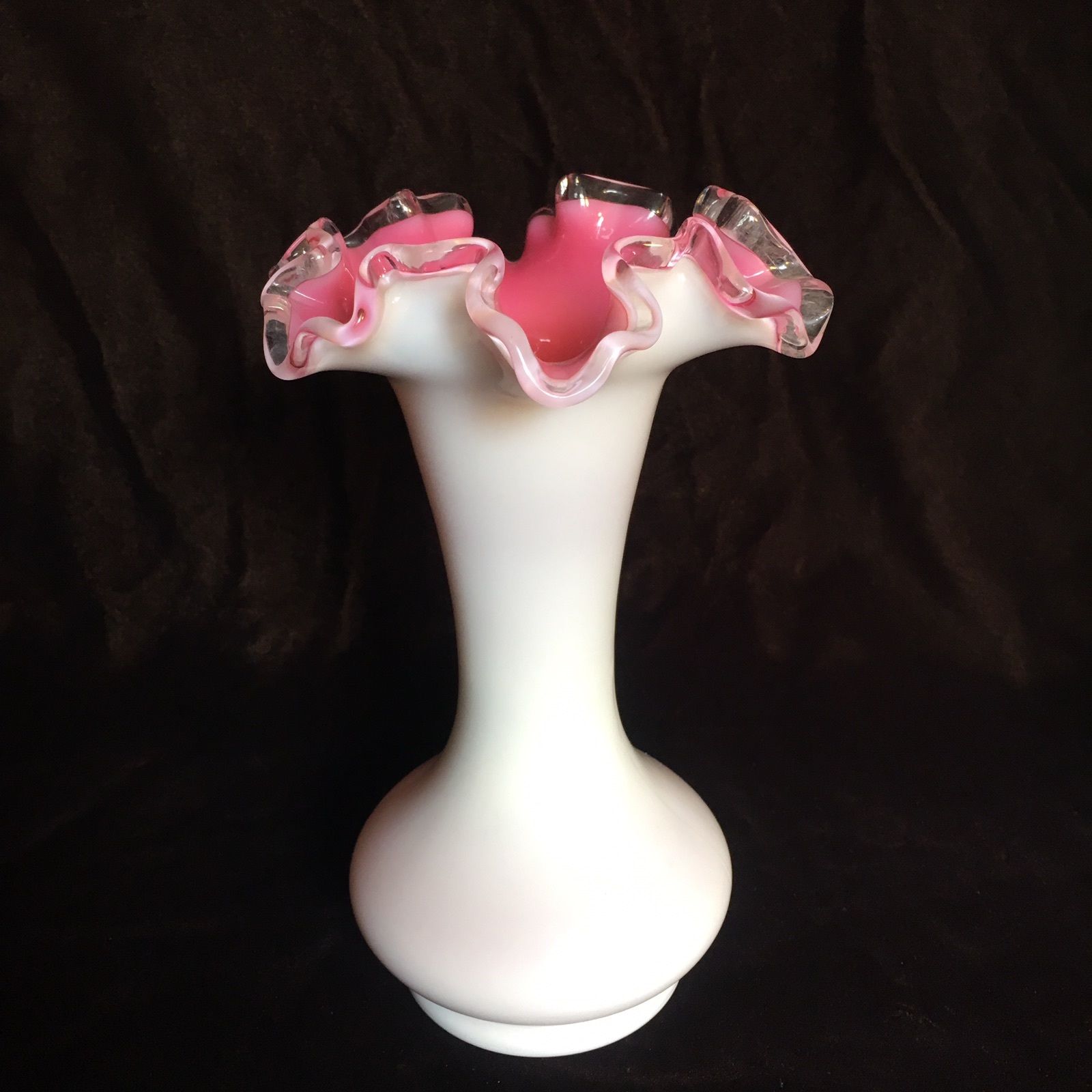 VINTAGE  FENTON  MILK GLASS PINK and WHITE VASE  8" Height PRISTINE!!