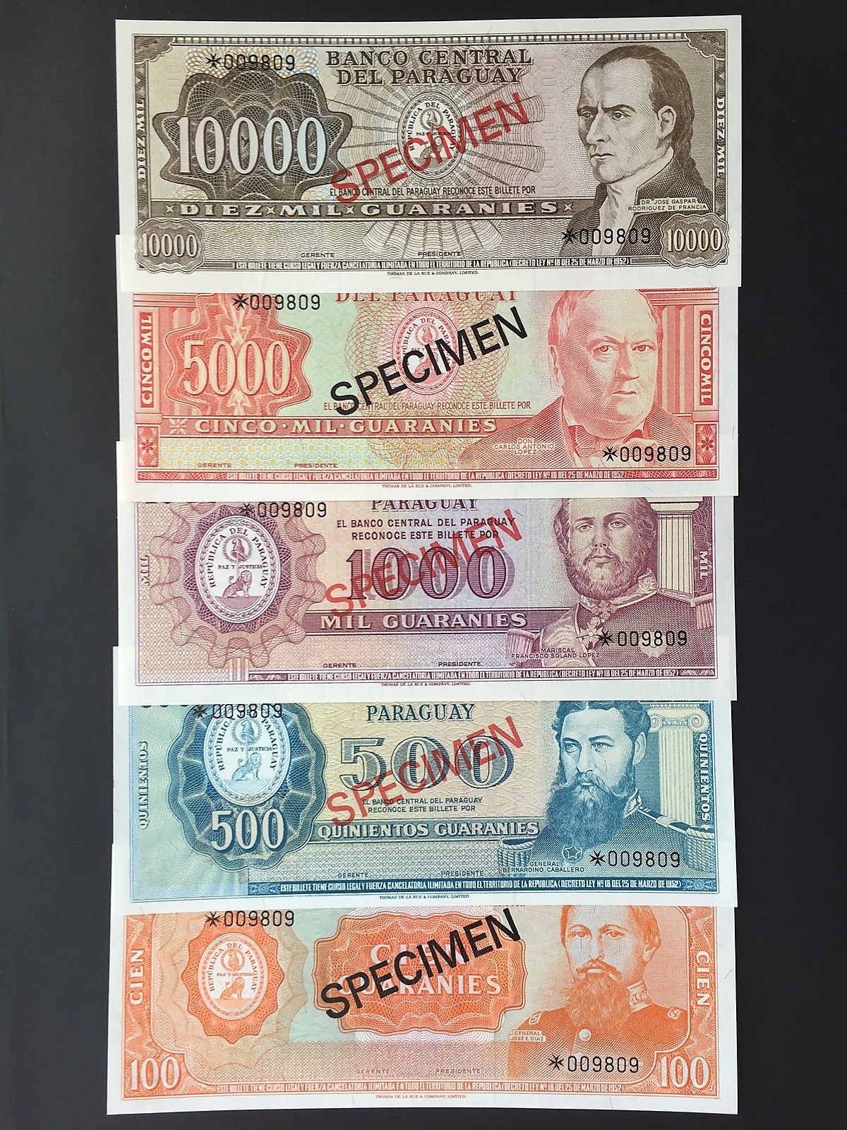 Paraguay 100 500 1000 5000 10000 Pesos Set 5 Specimen Notes Matching Numbers UNC