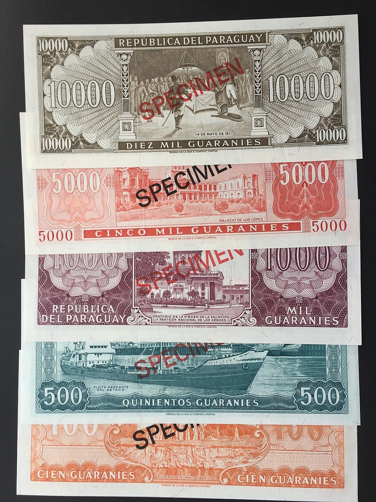 Paraguay 100 500 1000 5000 10000 Pesos Set 5 Specimen Notes Matching Numbers UNC