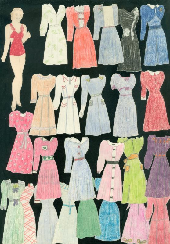 5 1/2" Handmade Watercolor Paper Doll w 24 Crayon Decorated Outfits c1940s