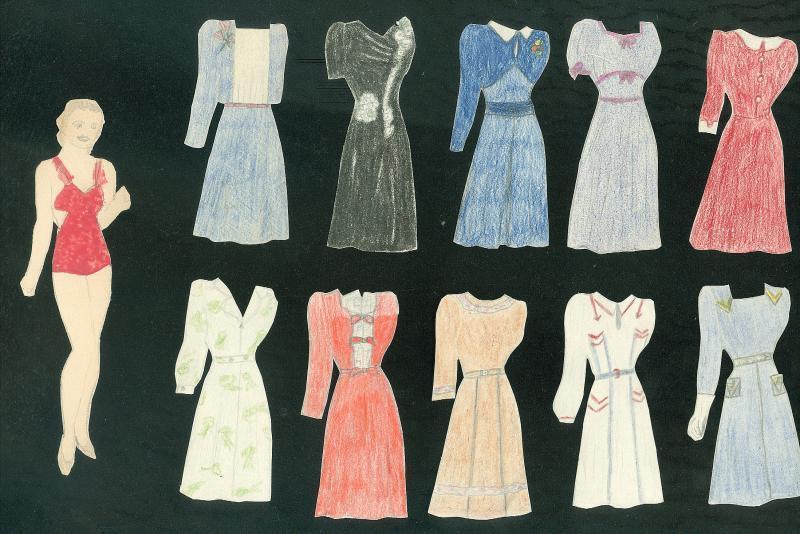 5 1/2" Handmade Watercolor Paper Doll w 24 Crayon Decorated Outfits c1940s