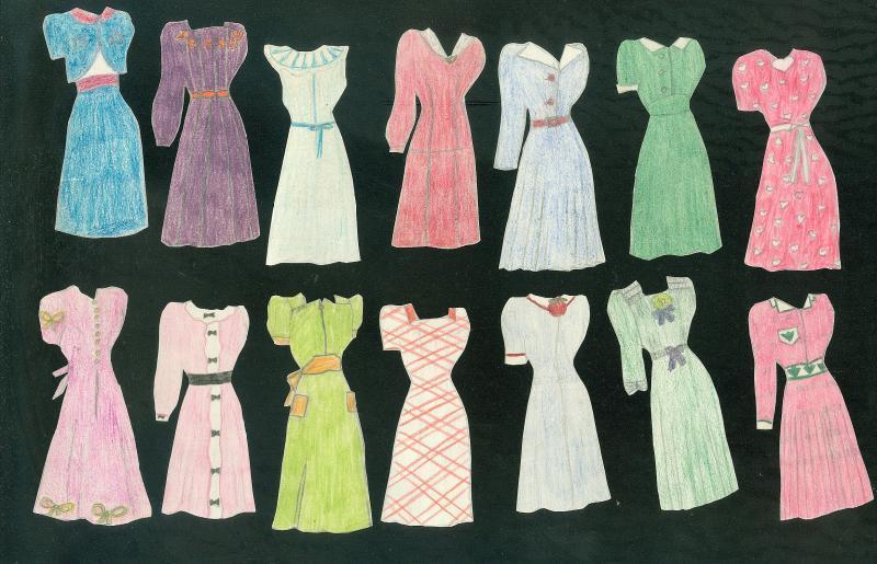 5 1/2" Handmade Watercolor Paper Doll w 24 Crayon Decorated Outfits c1940s