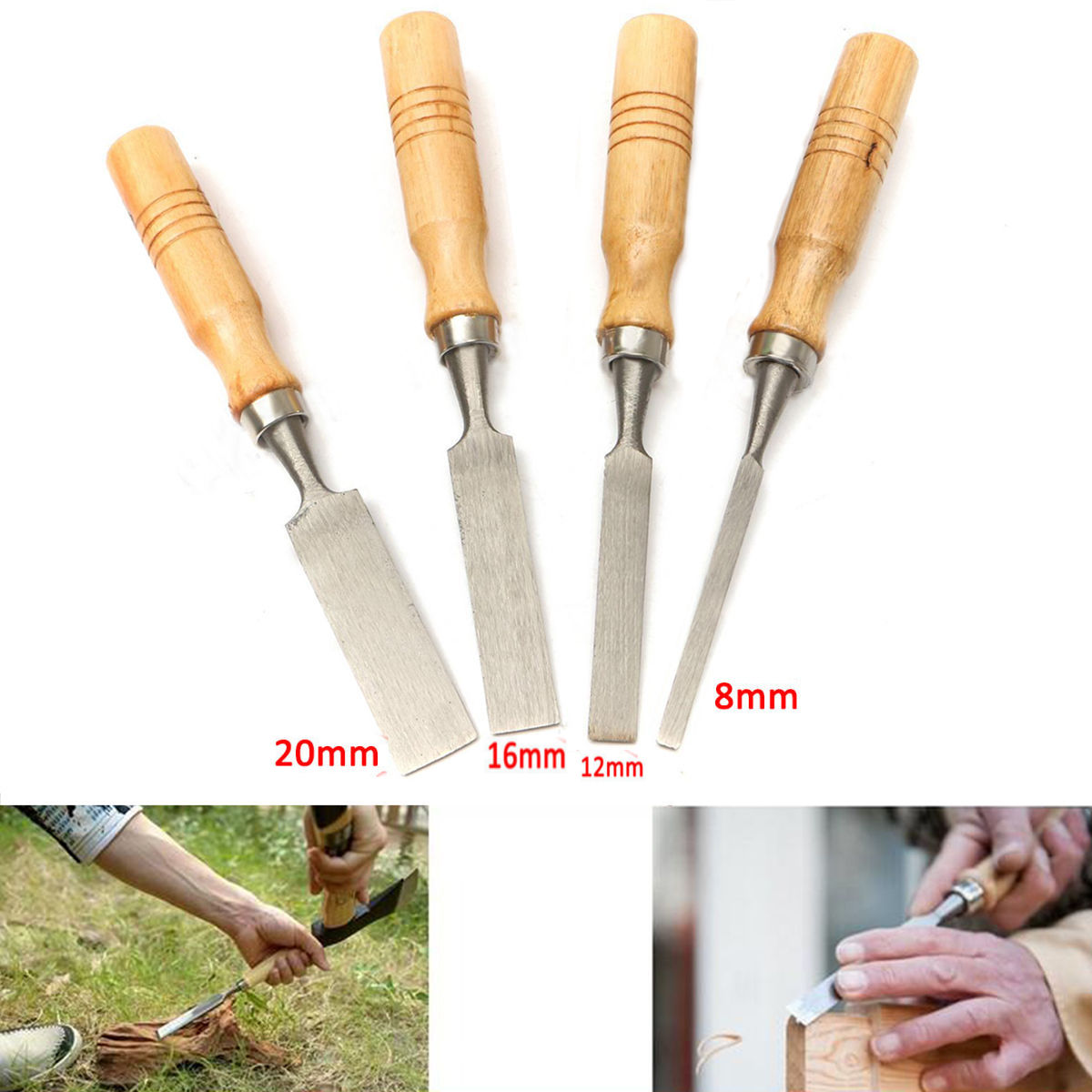 4Pcs DIY Carving Set Wood Flat Chisel Woodworking Handle Hand Tool 8/12/16/20mm