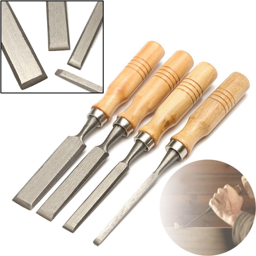 4Pcs DIY Carving Set Wood Flat Chisel Woodworking Handle Hand Tool 8/12/16/20mm