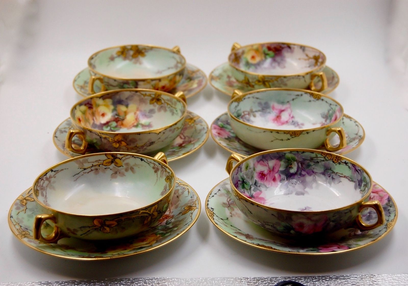 ANTIQUE LIMOGES ROSES  HAND PAINTED PLATE & SOUP BOWL SET of 6 ...