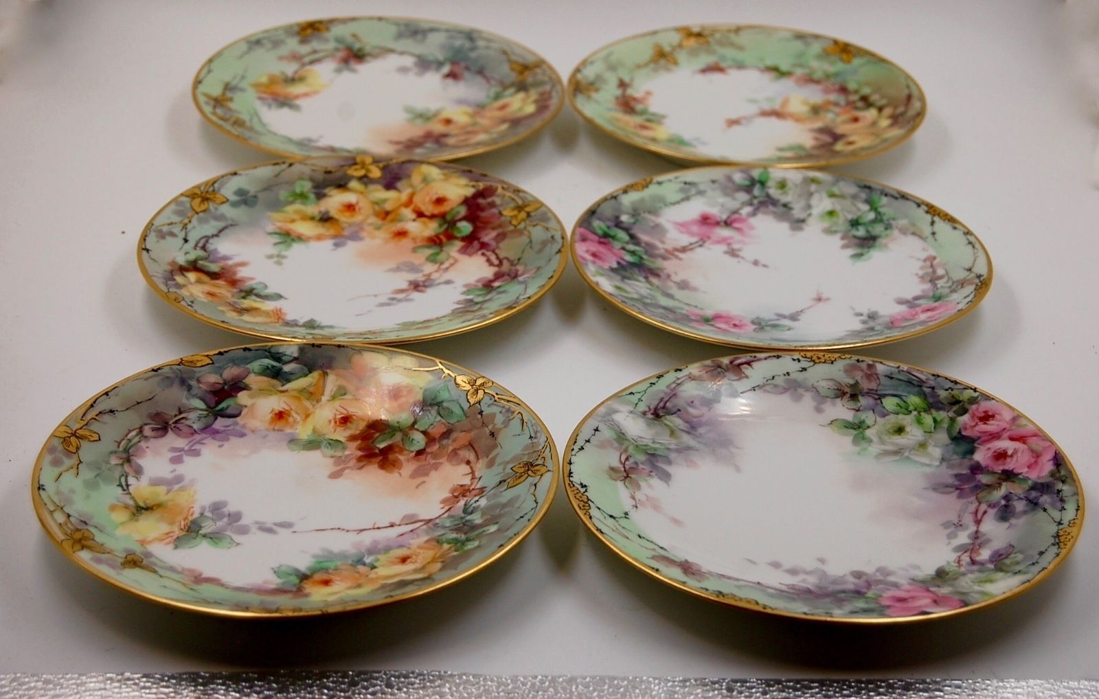 ANTIQUE LIMOGES ROSES  HAND PAINTED PLATE & SOUP BOWL SET of 6 ...