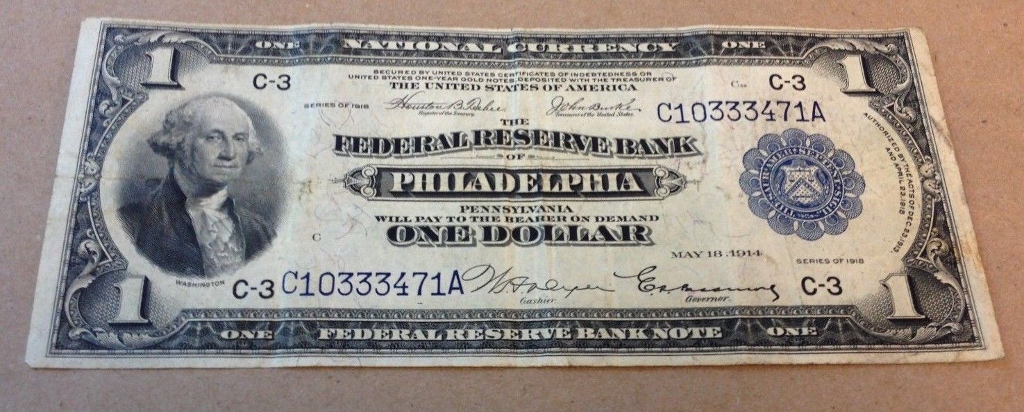 1918 $1 US National Currency Philadelphia Federal Reserve Large Bill Bank Note!