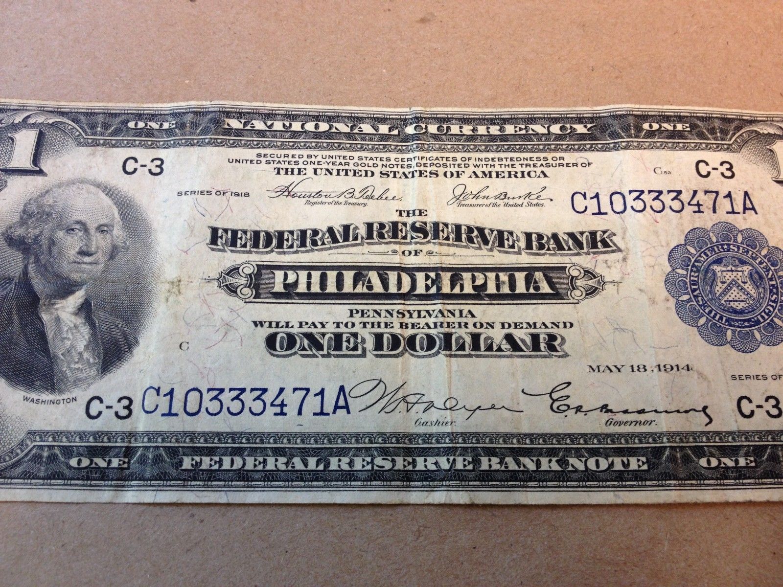 1918 $1 US National Currency Philadelphia Federal Reserve Large Bill Bank Note!