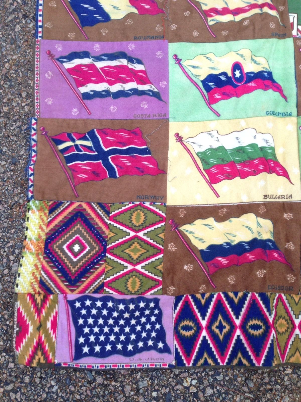 Antique 20th c. Hand Sewn Tapestry Quilt Patch Cloth World Flags 69x54"