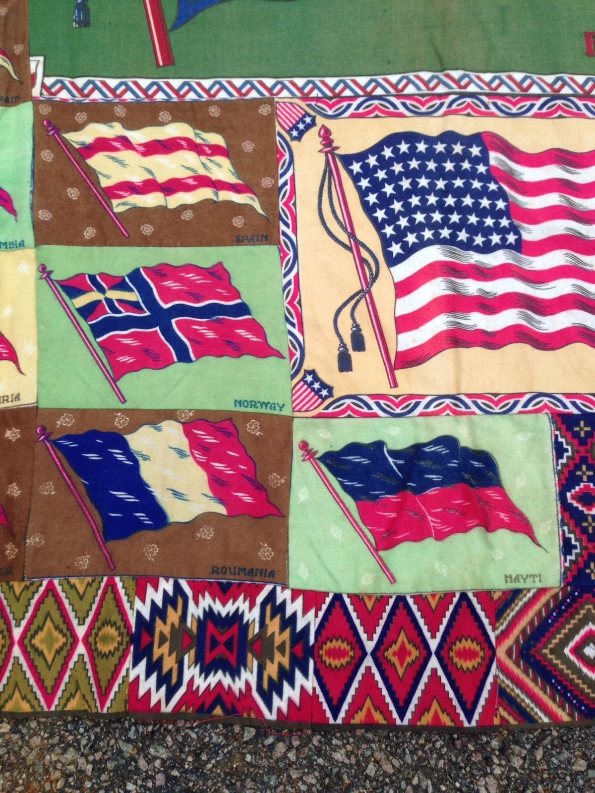 Antique 20th c. Hand Sewn Tapestry Quilt Patch Cloth World Flags 69x54"