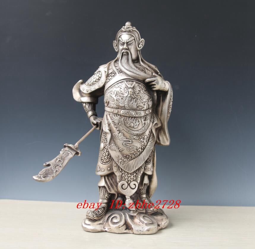 Collectible Decorated Old Tibet Silver Carved Guan Di Hold Kn1fe Exorcism Statue