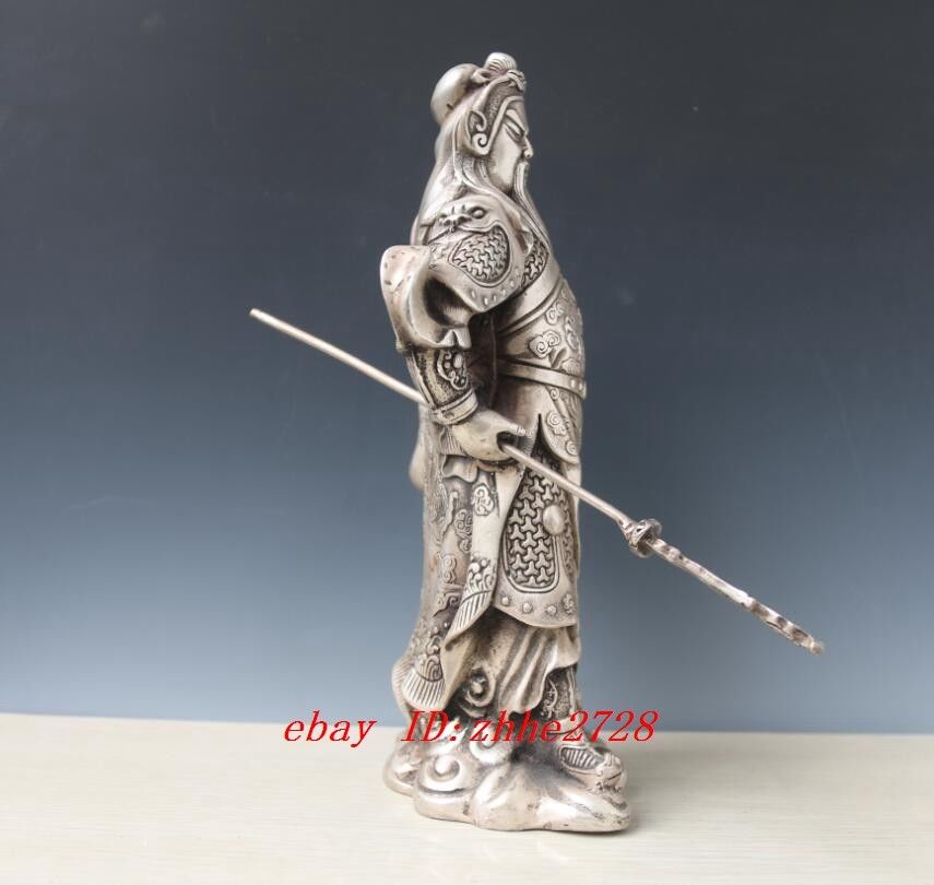 Collectible Decorated Old Tibet Silver Carved Guan Di Hold Kn1fe Exorcism Statue