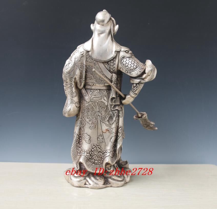 Collectible Decorated Old Tibet Silver Carved Guan Di Hold Kn1fe Exorcism Statue