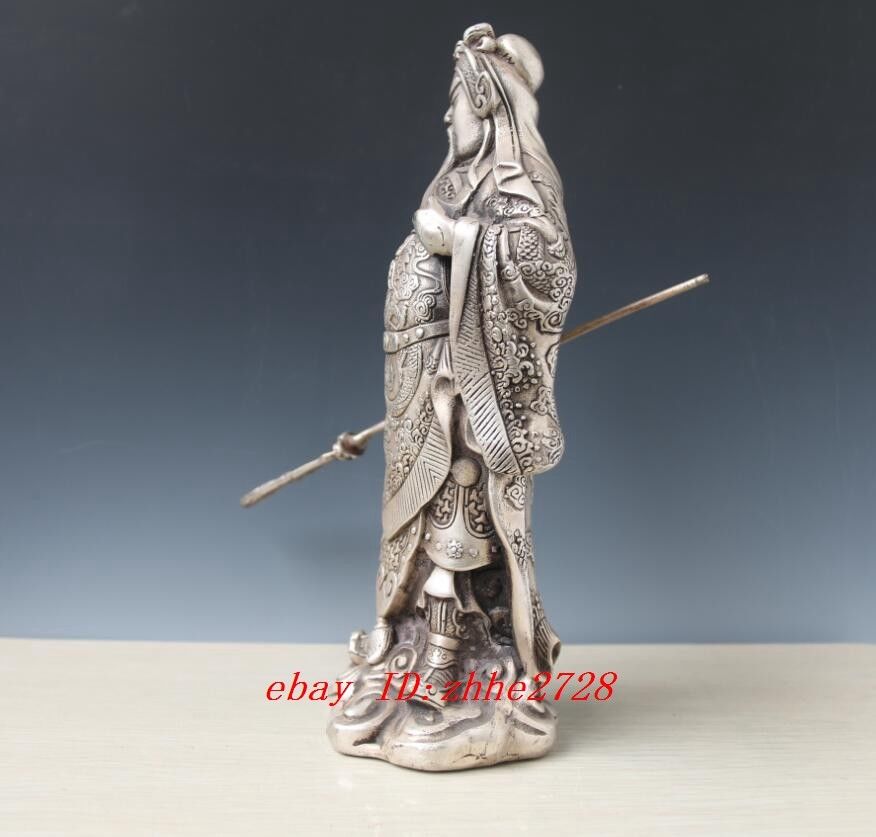 Collectible Decorated Old Tibet Silver Carved Guan Di Hold Kn1fe Exorcism Statue