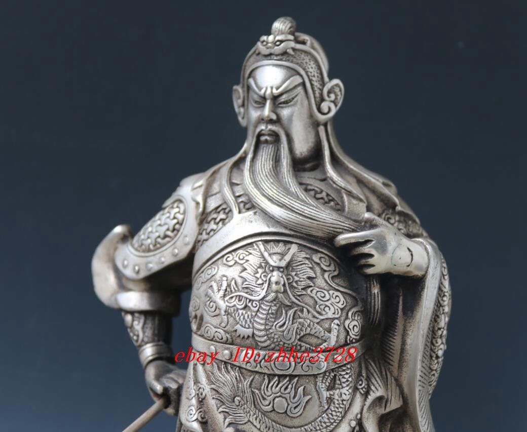 Collectible Decorated Old Tibet Silver Carved Guan Di Hold Kn1fe Exorcism Statue