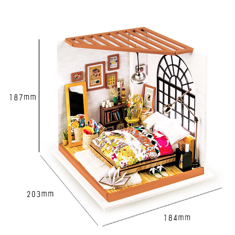 DIY Miniature Doll House Wooden Bedroom Furniture Kit LED Kid Creative Xmas Gift