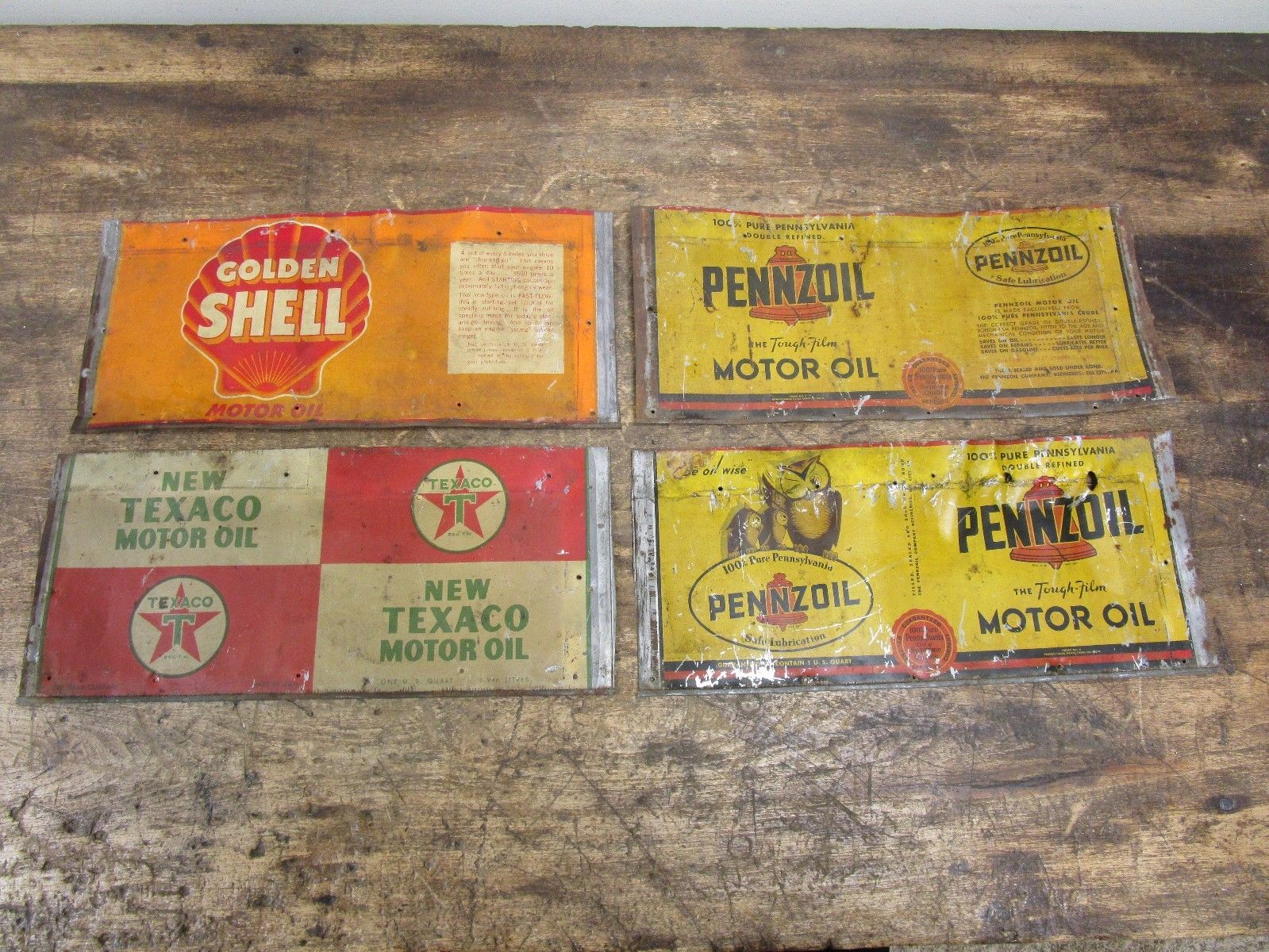 Lot of 4 Vintage Motor Oil Cans- Pennzoil Owls, Shell, Texaco