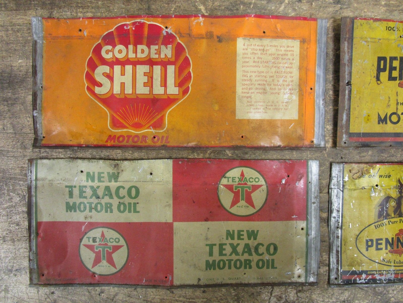 Lot of 4 Vintage Motor Oil Cans- Pennzoil Owls, Shell, Texaco