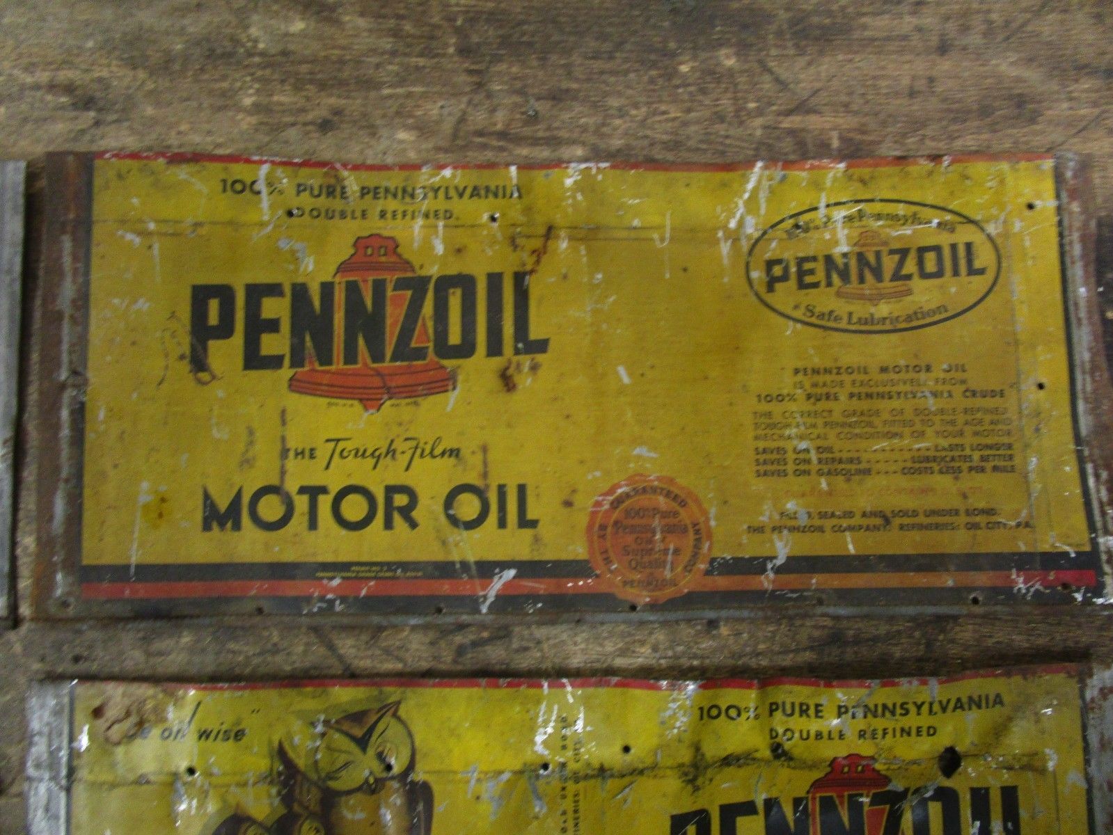 Lot of 4 Vintage Motor Oil Cans- Pennzoil Owls, Shell, Texaco