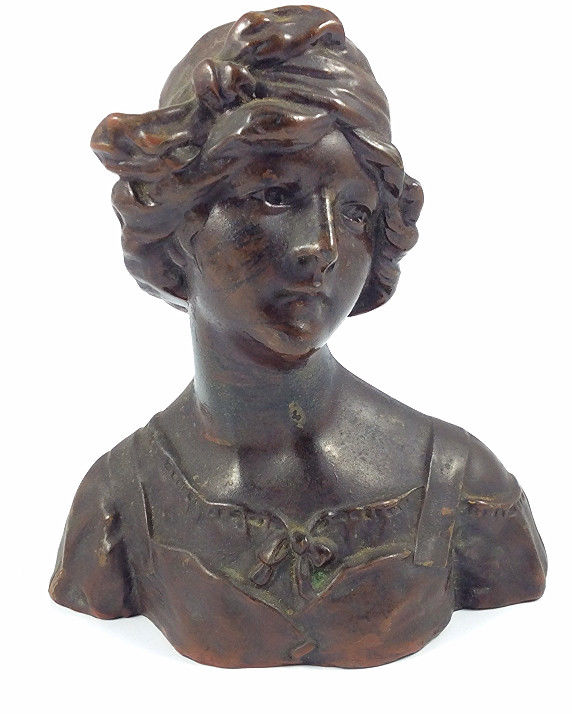 Antique Art Nouveau bronze Woman bust sculpture signed Gustave Van Vaerenbergh