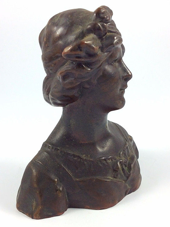 Antique Art Nouveau bronze Woman bust sculpture signed Gustave Van Vaerenbergh