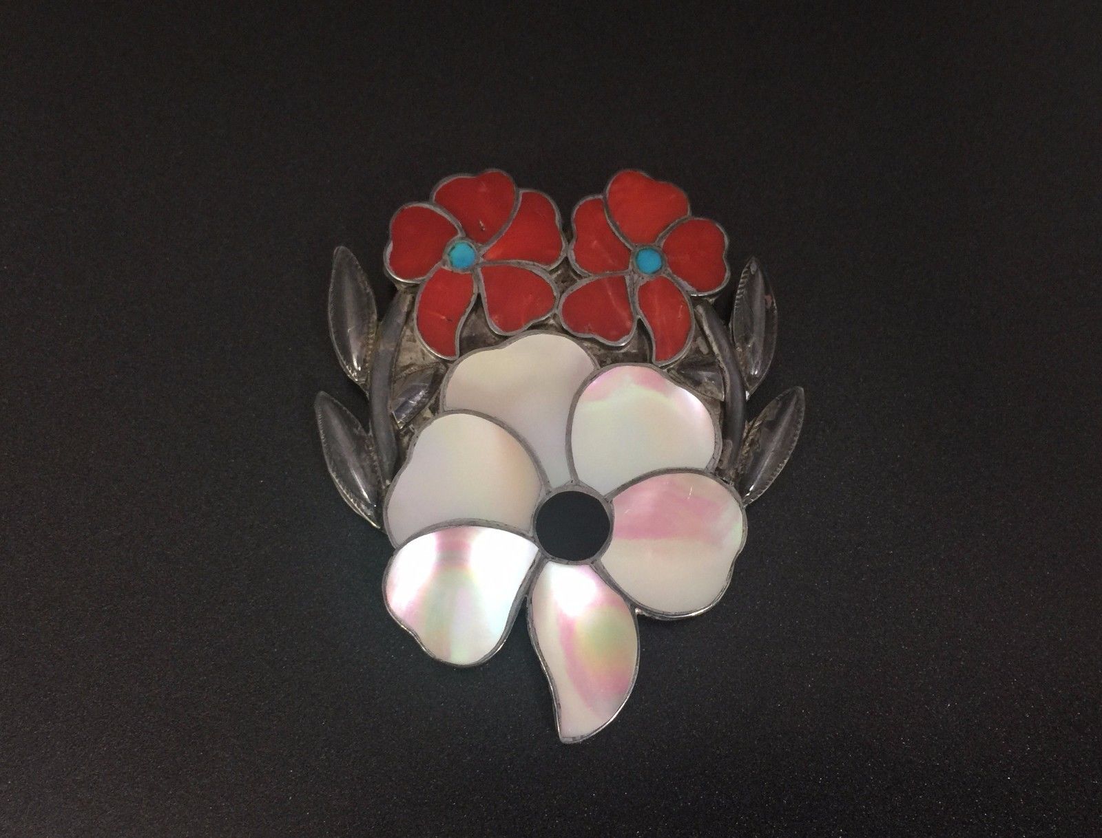 Vintage Zuni Native Indian Sterling Silver Turquoise MOP Coral Flower Pin Brooch