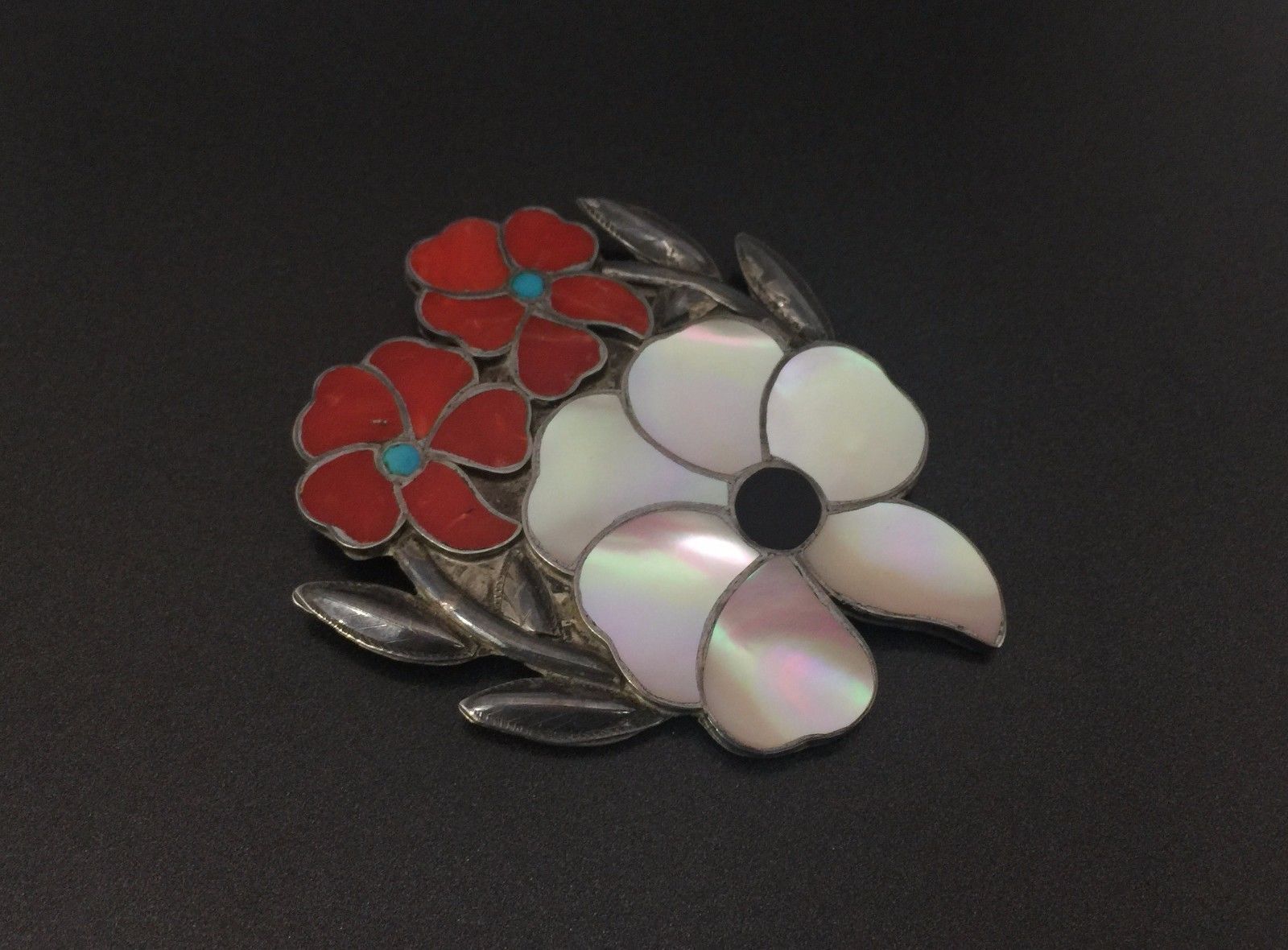 Vintage Zuni Native Indian Sterling Silver Turquoise MOP Coral Flower Pin Brooch