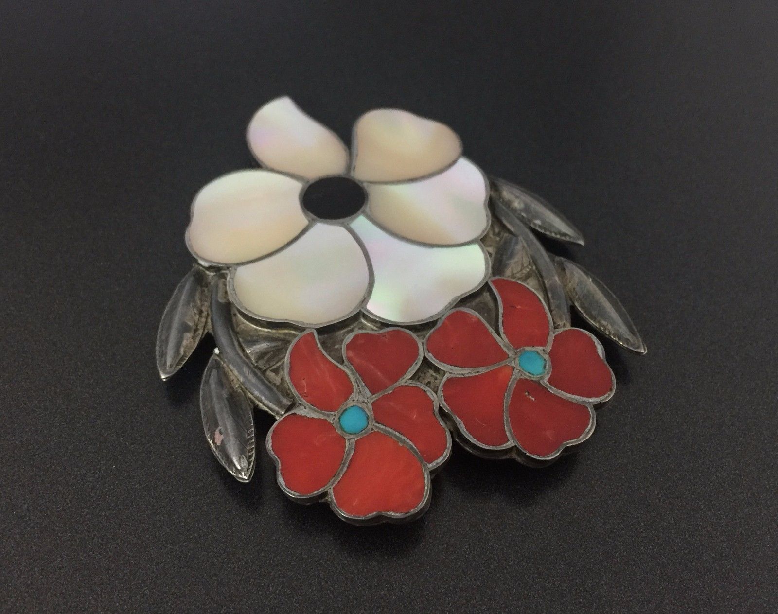 Vintage Zuni Native Indian Sterling Silver Turquoise MOP Coral Flower Pin Brooch