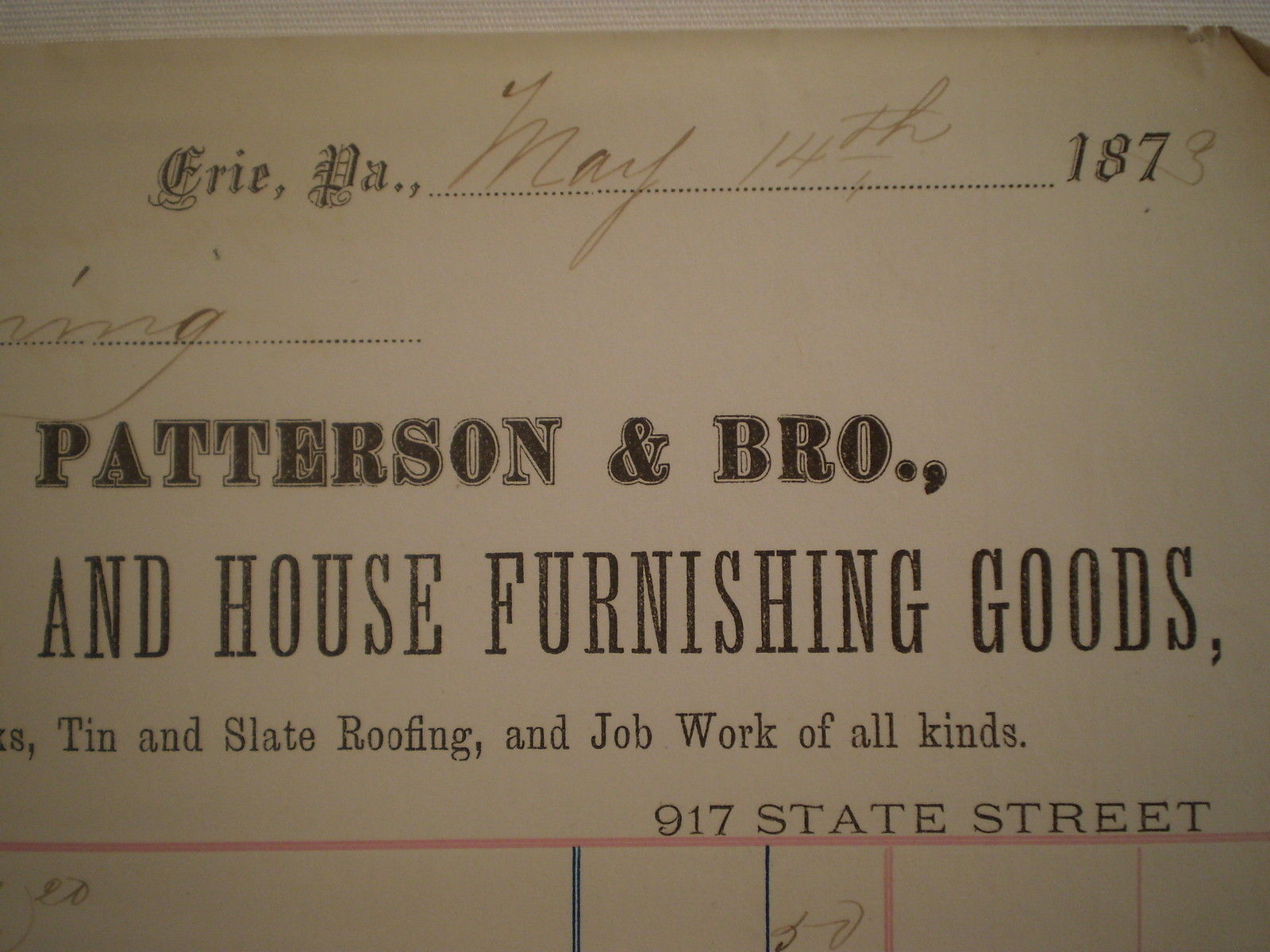 ANTIQUE 1873 ERIE PA PATTERSON BROS STOVES FURNANCES & IRON WORKS BILLHEAD