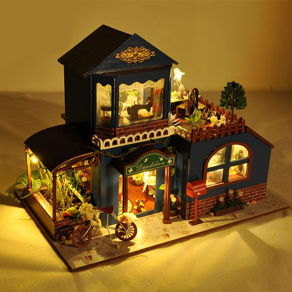 DIY Wood Handmade Dolls House Miniature Kit Set LED Dollhouse Furniture Toy Gift