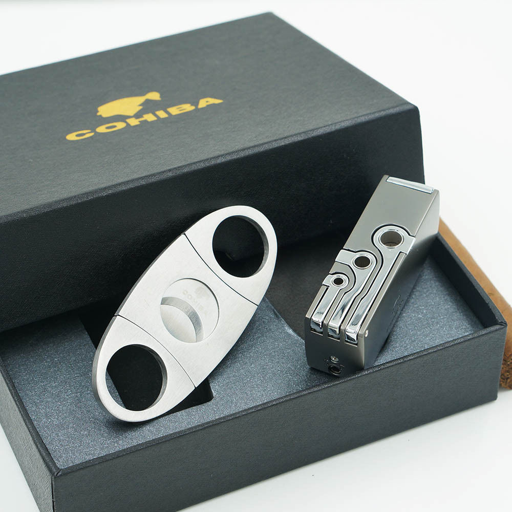 COHIBA CIGAR LIGHTER Cutter Set 2 TORCH JET FLAME With 3 Cigar Punch