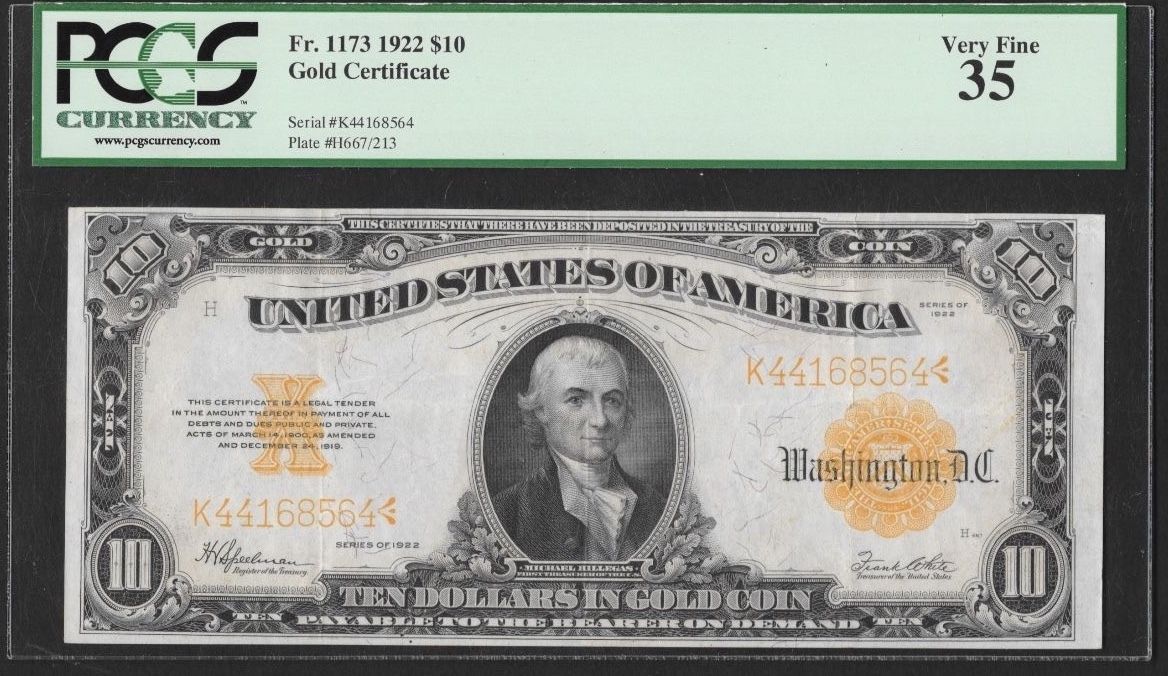 Fr.1173 1922 $10 GOLD certificate, PCGS VF35!!! EXCELLENT NOTE!!