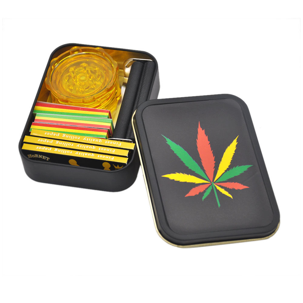 Tobacco Box Set - 3 X Smoking Rolling Papers+ 3 X Filter Tips+1 Roller+1 Grinder