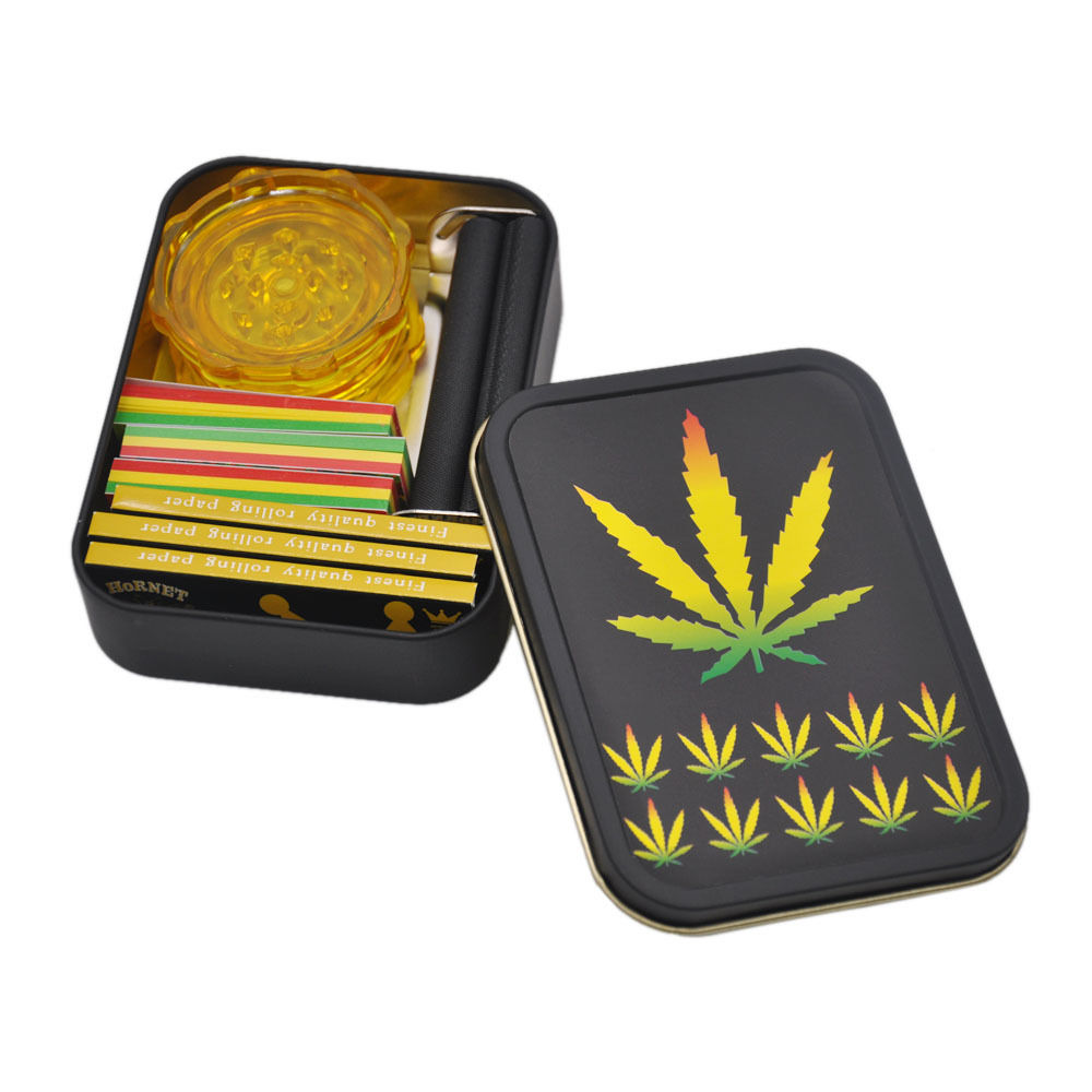 Tobacco Box Set - 3 X Smoking Rolling Papers+ 3 X Filter Tips+1 Roller+1 Grinder