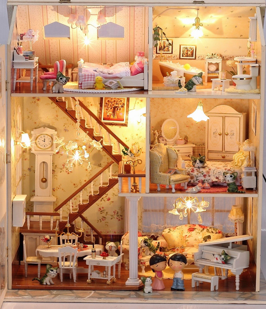 Wooden Dolls house Miniatures DIY Kits Dollhouse with LED Light+Music Box+Doll