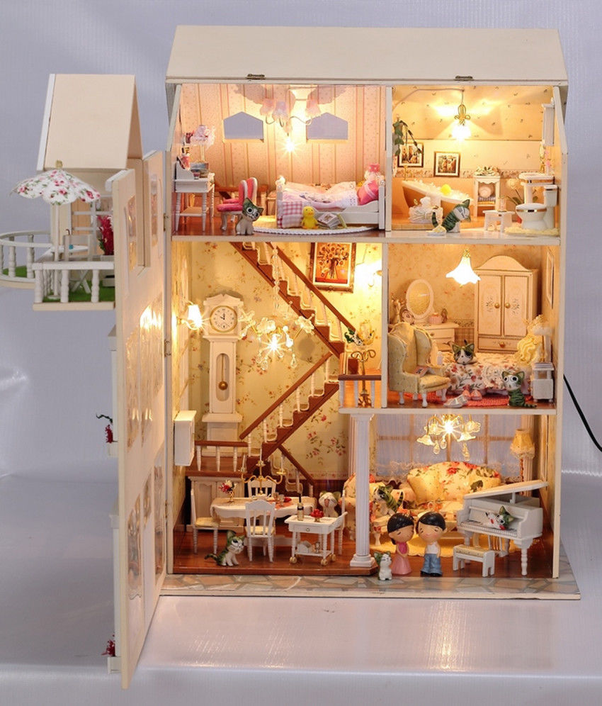 Wooden Dolls house Miniatures DIY Kits Dollhouse with LED Light+Music Box+Doll