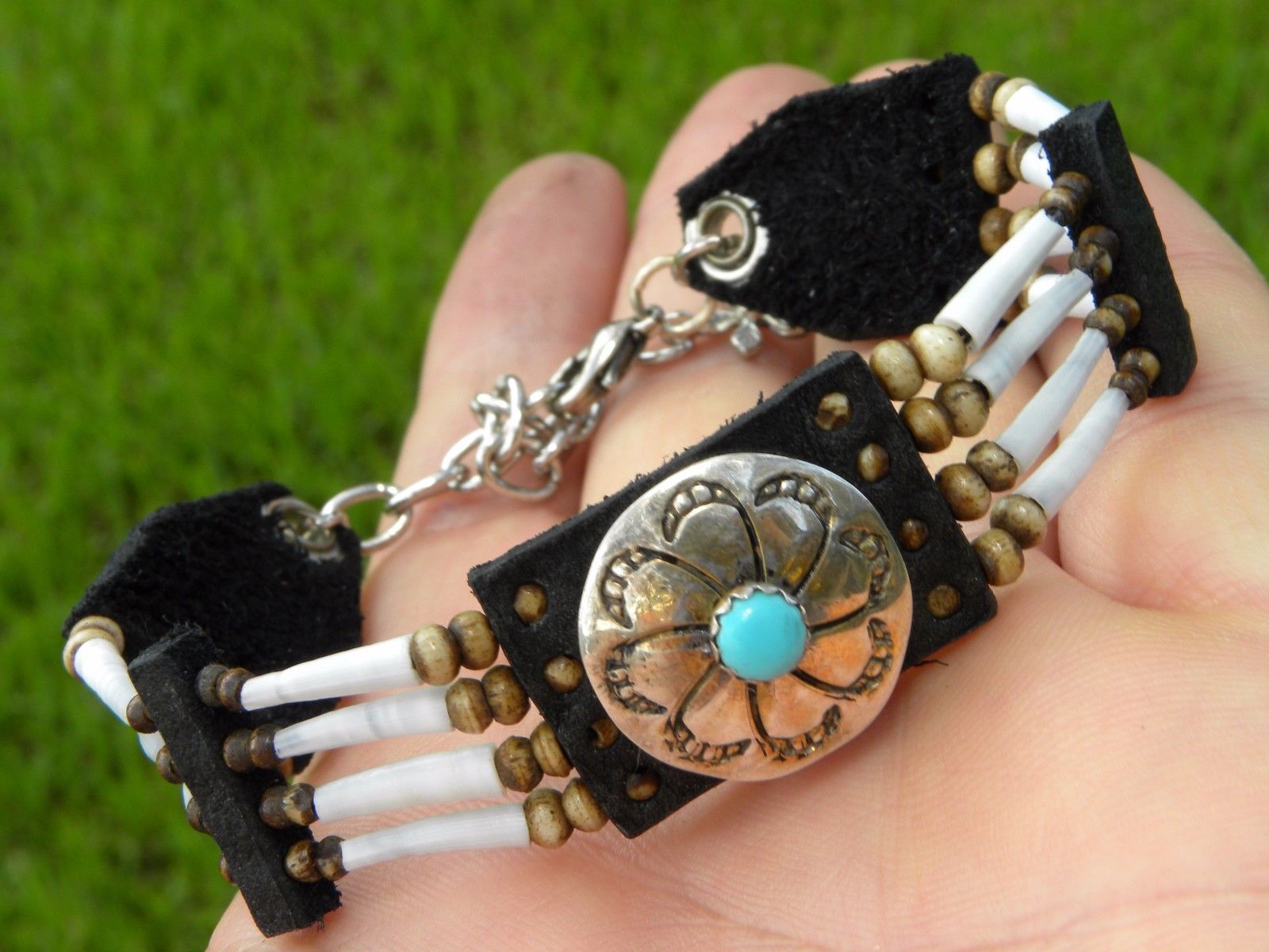 Native Indian Navajo  sterling silver turquoise  bracelet shells Buffalo leather