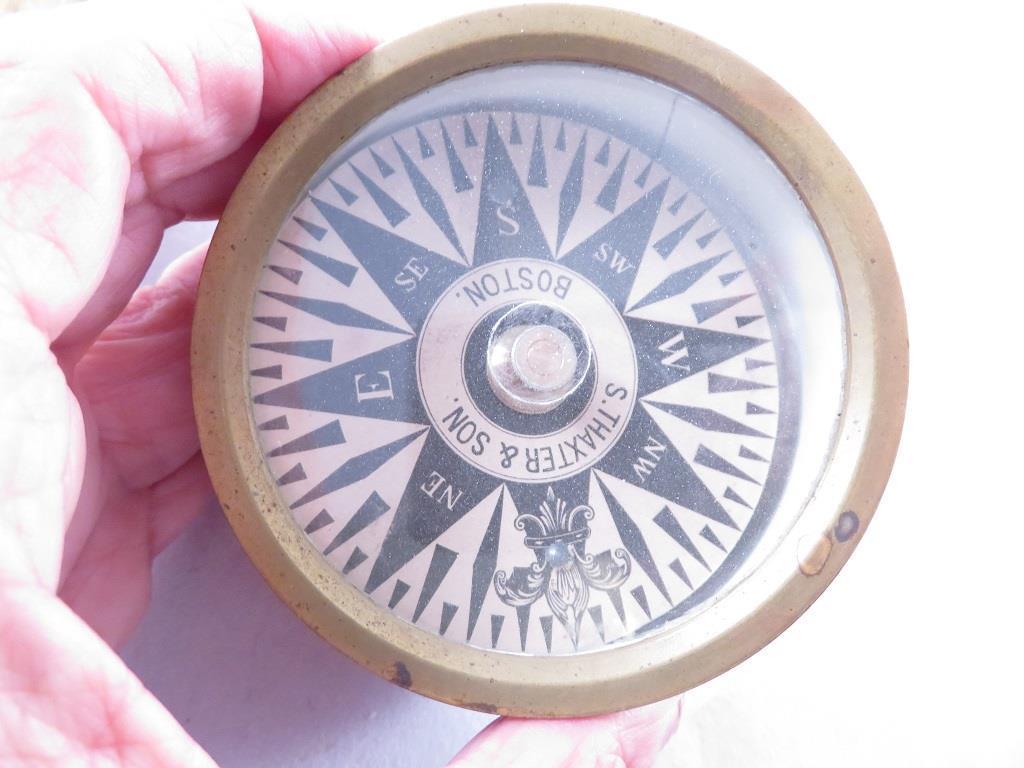 antique DRY CARD SOLID BRASS SIGNED S. THAXTER & SON COMPASS BOSTON MASS.