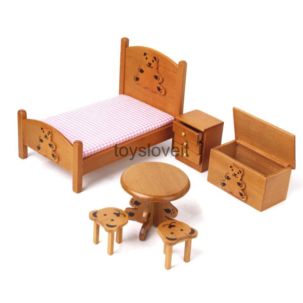 1:12 Wooden Bed Cabinet Stool Table Dolls House Mini Bedroom Furniture Set