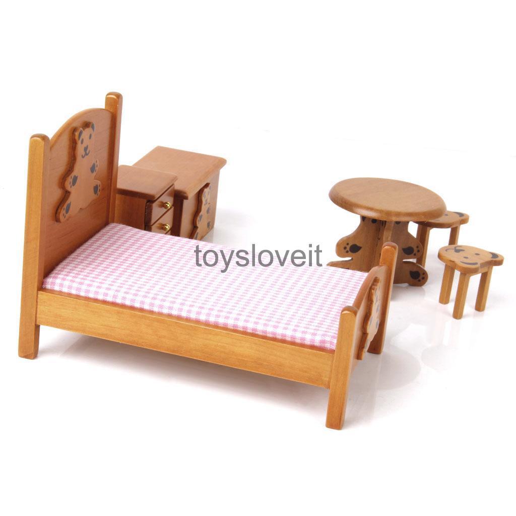 1:12 Wooden Bed Cabinet Stool Table Dolls House Mini Bedroom Furniture Set