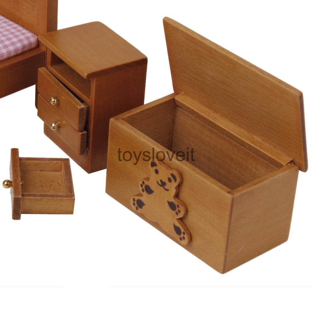 1:12 Wooden Bed Cabinet Stool Table Dolls House Mini Bedroom Furniture Set