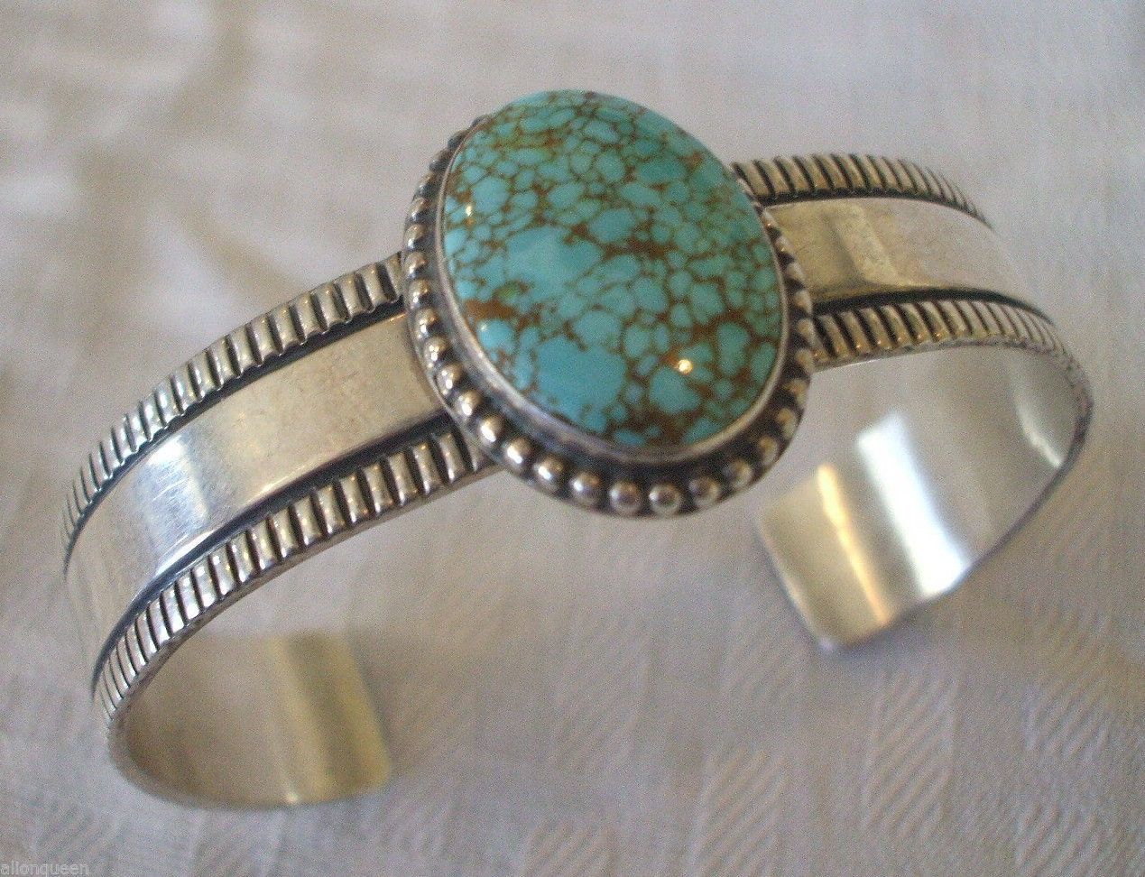 Signed Vintage NAVAJO Andy Cadman Sterling Silver and #8 Turquoise Cuff BRACELET