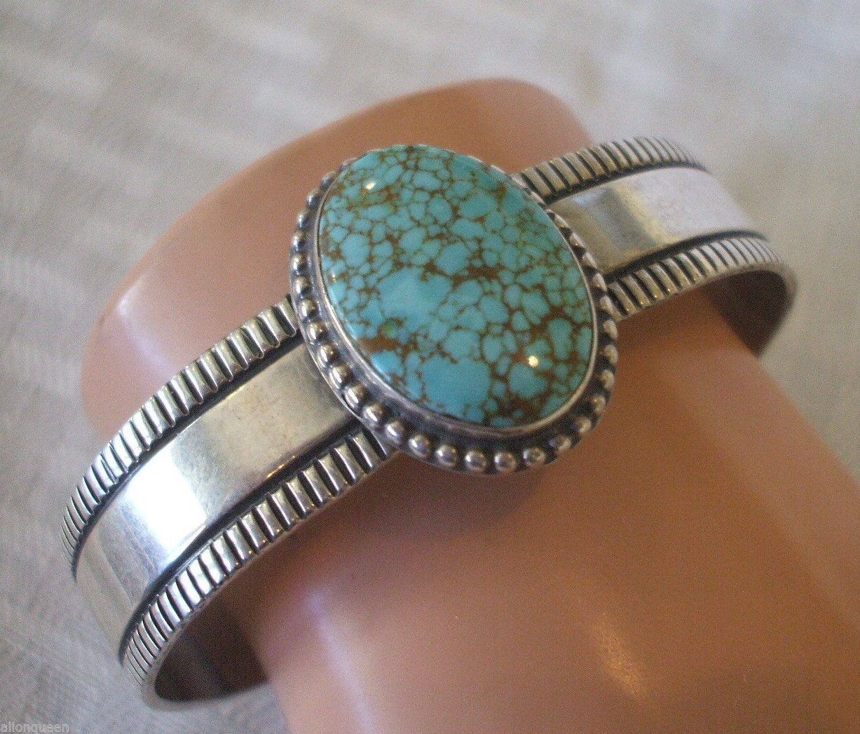 Signed Vintage NAVAJO Andy Cadman Sterling Silver and #8 Turquoise Cuff BRACELET