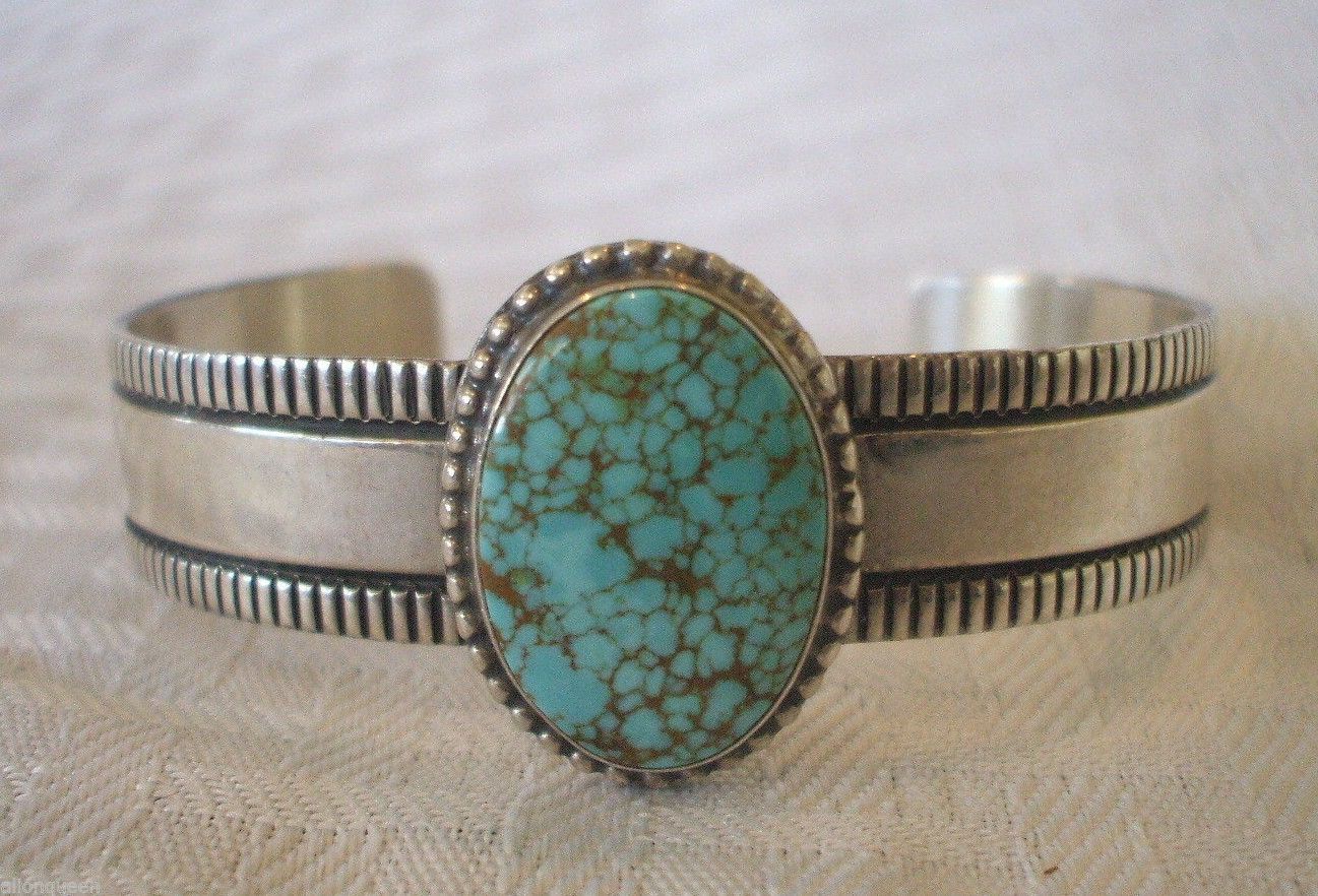 Signed Vintage NAVAJO Andy Cadman Sterling Silver and #8 Turquoise Cuff BRACELET