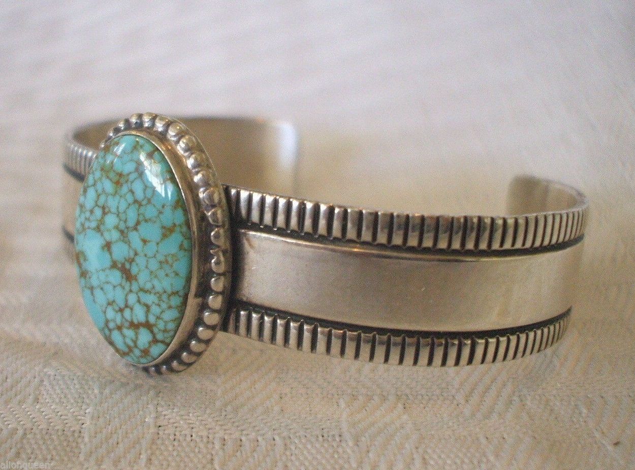 Signed Vintage NAVAJO Andy Cadman Sterling Silver and #8 Turquoise Cuff BRACELET