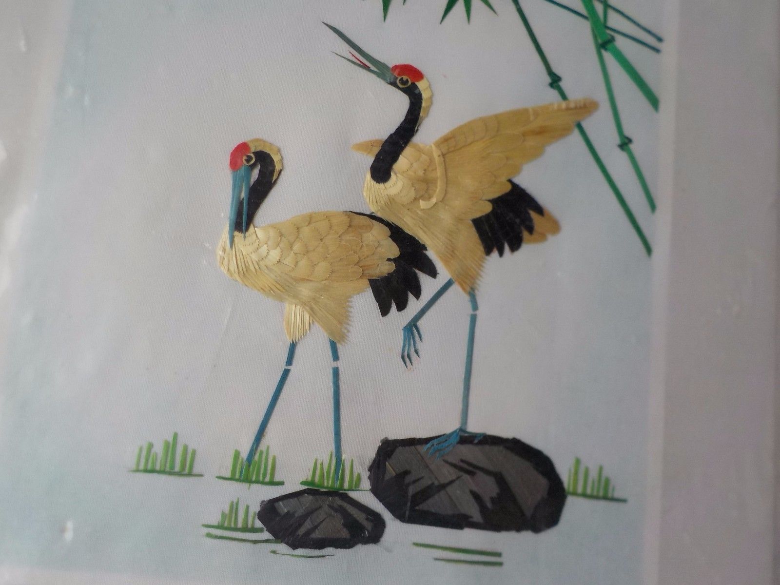 Wheat Stalk Cutting Picture Hand Cut and Painted on Silk Asian Art Cranes