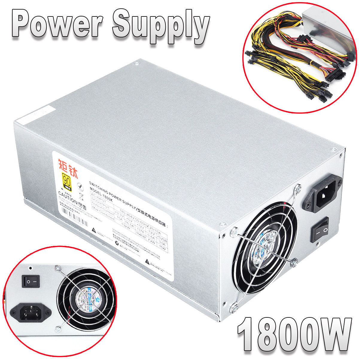 1800W Coin Miner Mining Dedicated 90 Gold Power Supply For ATX Eth Rig Bitcoin